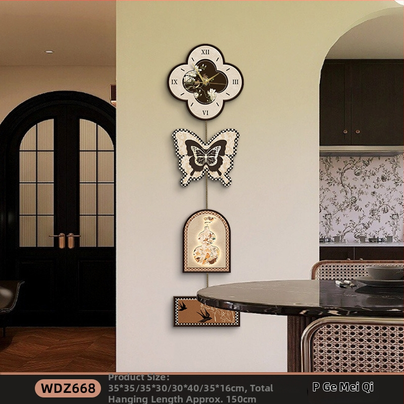 Četru paneļu bezrāmju sienas gleznas ar tauriņu pulksteņa motīvu - retro noskaņa dzīvojamajai istabai un guļamistabai