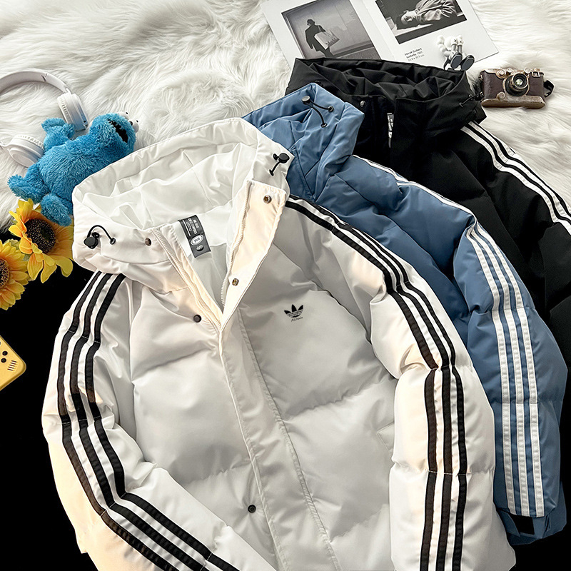 Muški kaput s kapuljačom, punjen poliestrom, prugast uzorak, korejski stil, širok kroj, zatvarač