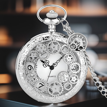 Üreges fogaskerekes zsebóra római számjegyekkel, Seagull elektronikus mozgású, 50 m vízállóság, tokozás cinkötvözetből, műanyag kristály