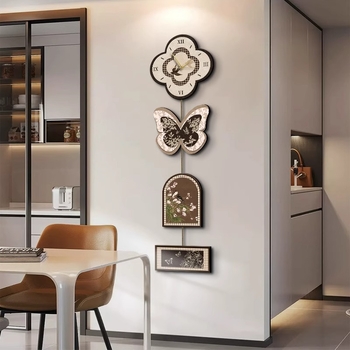 Σετ τοίχου με πεταλούδα-ρολόι, χωρίς πλαίσιο, τεσσάρων πάνελ, inkjet εκτύπωση σε κρύσταλλο φιλμ, πορσελάνινο μοτίβο, ρετρό νοσταλγικό στυλ, ιδανικό για σαλόνι/υπνοδωμάτιο/εστιατόριο