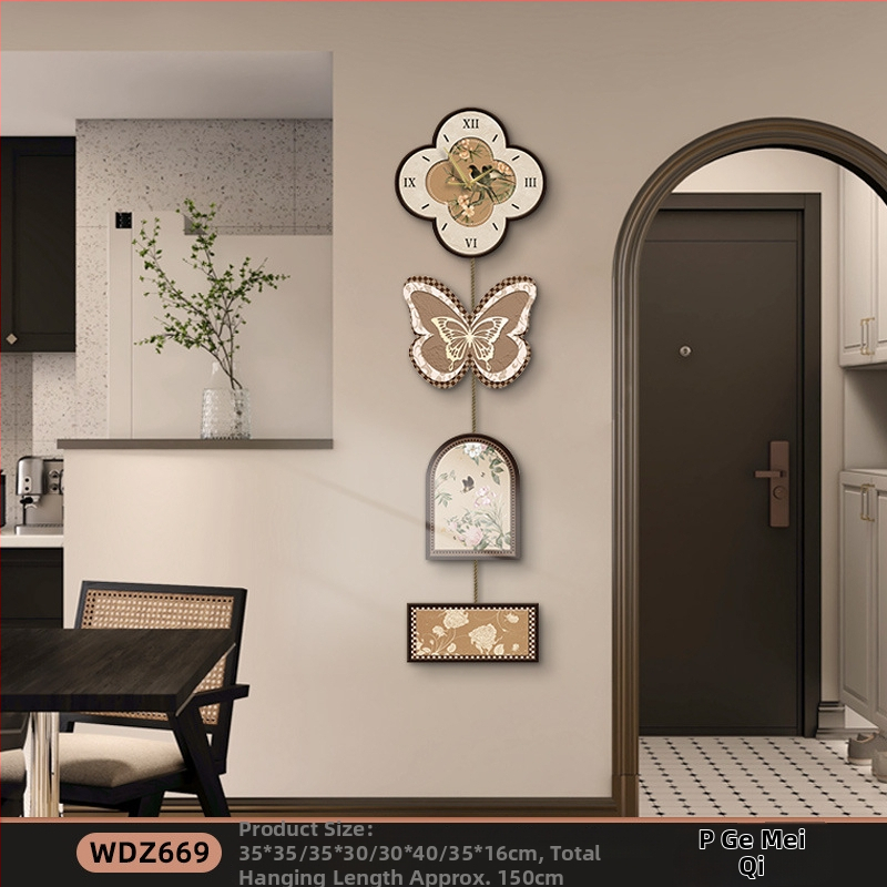 Tauriņu pulksteņa sienas mākslas komplekts, bez rāmja, četrpaneļu kompozīcija, inkjet drukāšana uz kristāla plēvi, kristāla porcelāna glezna, retro nostalģisks stils, piemērots viesistabai/guļamistabai/restoranam