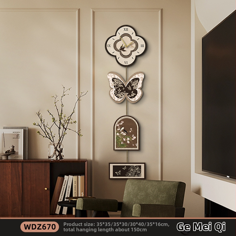 Tauriņu pulksteņa sienas mākslas komplekts, bez rāmja, četrpaneļu kompozīcija, inkjet drukāšana uz kristāla plēvi, kristāla porcelāna glezna, retro nostalģisks stils, piemērots viesistabai/guļamistabai/restoranam