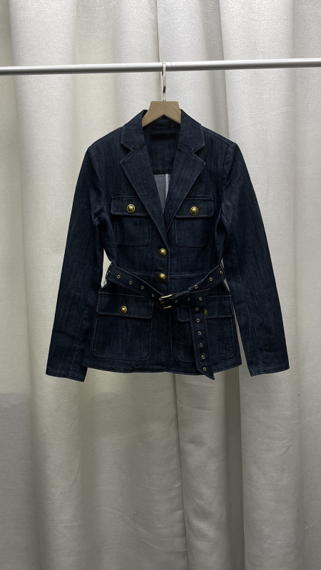 Ženski denim set — uski kroj jakne s ovratnikom odijela i dugim rukavima, 80–90% pamuka, dvodjelni denim set