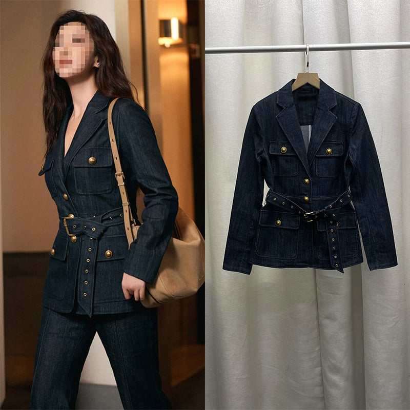 Ženski denim set — uski kroj jakne s ovratnikom odijela i dugim rukavima, 80–90% pamuka, dvodjelni denim set