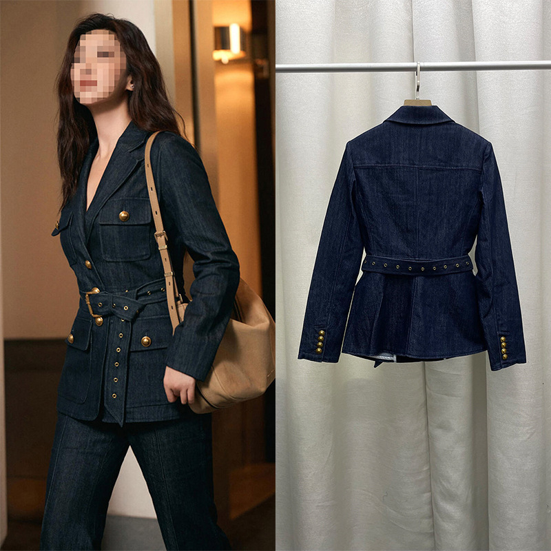 Ženski denim set — uski kroj jakne s ovratnikom odijela i dugim rukavima, 80–90% pamuka, dvodjelni denim set
