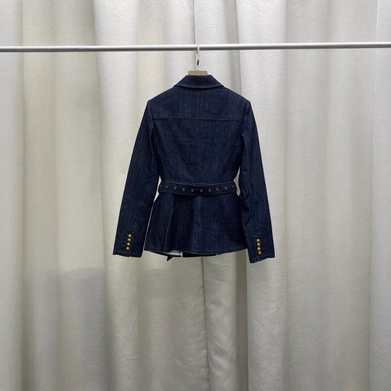 Ženski denim set — uski kroj jakne s ovratnikom odijela i dugim rukavima, 80–90% pamuka, dvodjelni denim set
