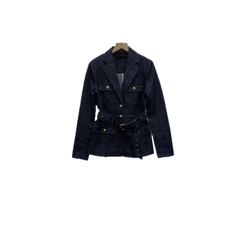 Ženski denim set — uski kroj jakne s ovratnikom odijela i dugim rukavima, 80–90% pamuka, dvodjelni denim set