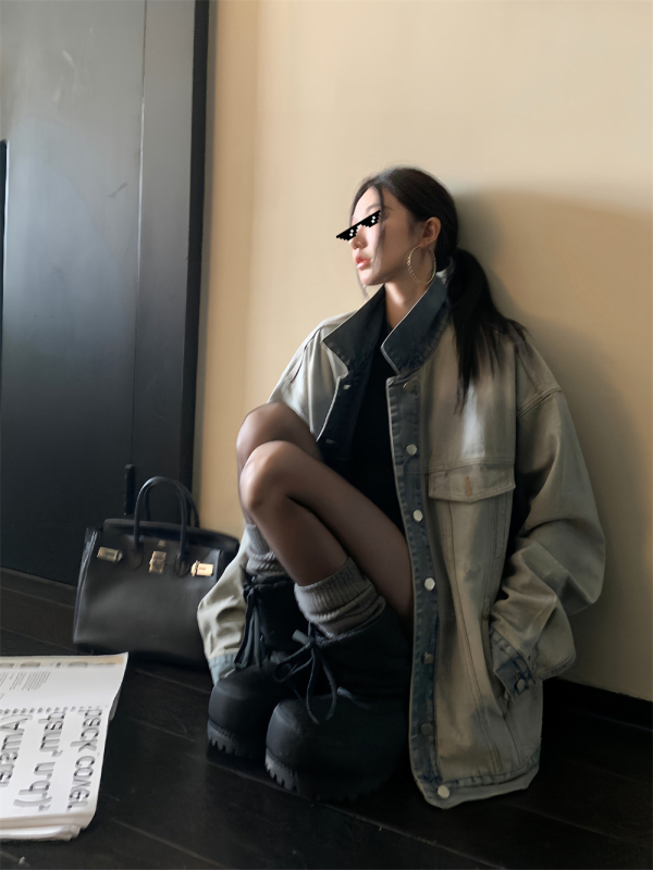 Sieviešu abpusēja džinsa jaka, kokvilnas audums, apkakle ar reveru, garas piedurknes, vienrindu pogu aizdare