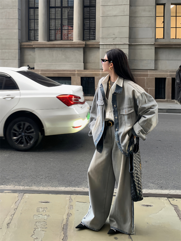 Sieviešu abpusēja džinsa jaka, kokvilnas audums, apkakle ar reveru, garas piedurknes, vienrindu pogu aizdare