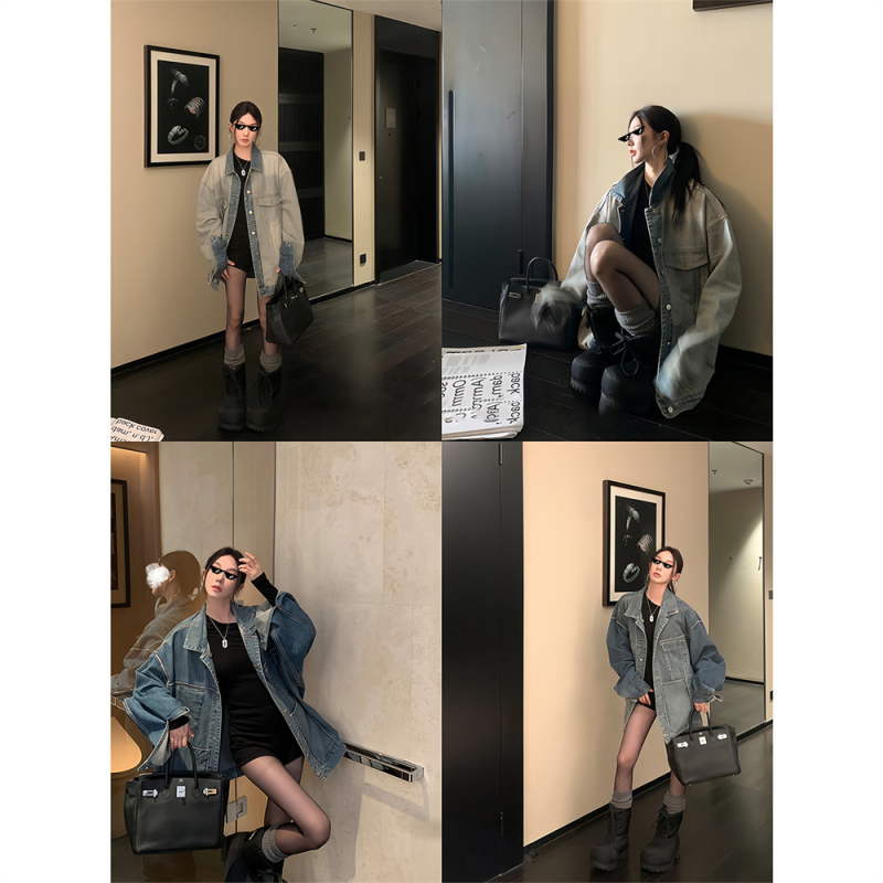 Sieviešu abpusēja džinsa jaka, kokvilnas audums, apkakle ar reveru, garas piedurknes, vienrindu pogu aizdare