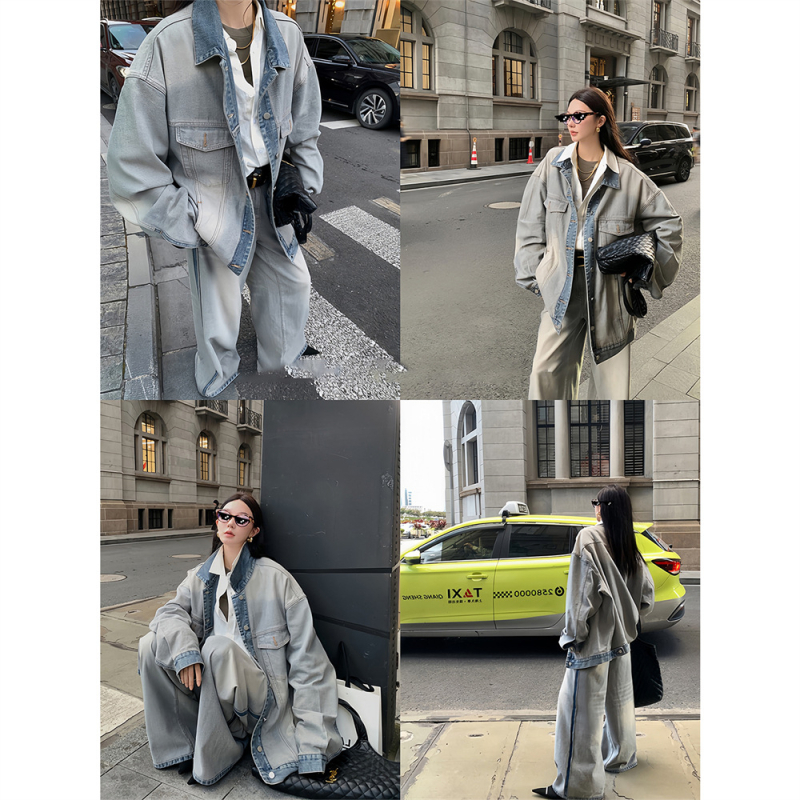 Sieviešu abpusēja džinsa jaka, kokvilnas audums, apkakle ar reveru, garas piedurknes, vienrindu pogu aizdare