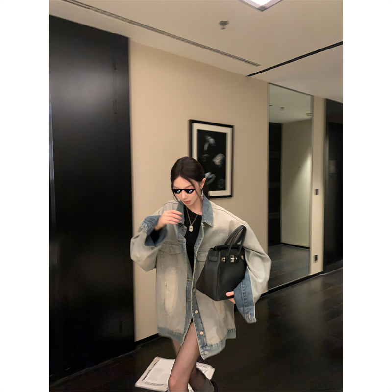 Sieviešu abpusēja džinsa jaka, kokvilnas audums, apkakle ar reveru, garas piedurknes, vienrindu pogu aizdare