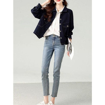 Ženski kratki traper jakna, traper denim s 95% pamuka, dugi raglan rukavi, polo ovratnik, standardna kroj, proljeće 2023