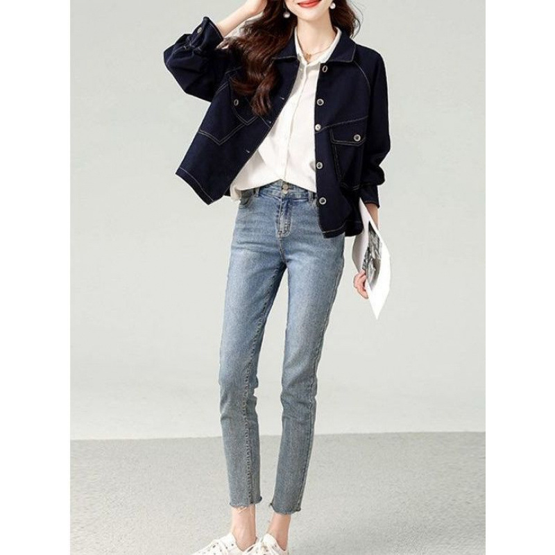 Ženski kratki traper jakna, traper denim s 95% pamuka, dugi raglan rukavi, polo ovratnik, standardna kroj, proljeće 2023