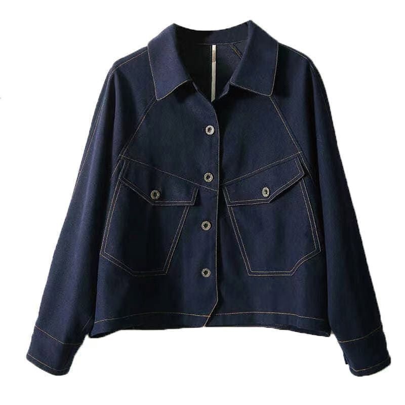 Ženski kratki traper jakna, traper denim s 95% pamuka, dugi raglan rukavi, polo ovratnik, standardna kroj, proljeće 2023