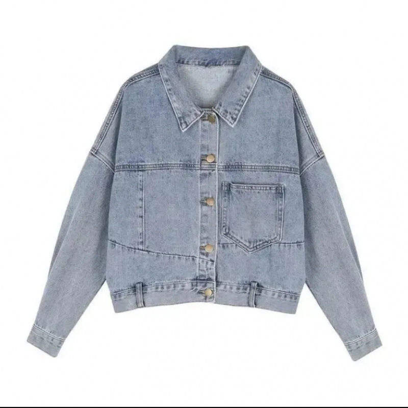 Ženski kratki traper jakna, traper denim s 95% pamuka, dugi raglan rukavi, polo ovratnik, standardna kroj, proljeće 2023
