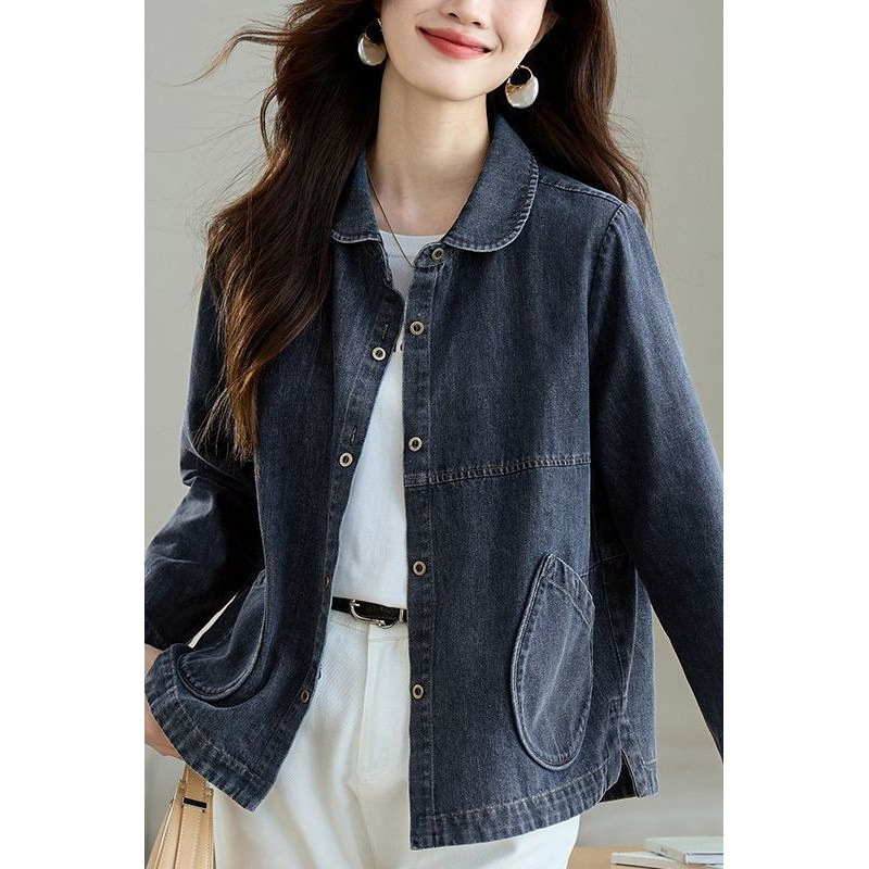 Ženska traper jakna s dugim rukavima, polo ovratnik, gradski stil (denim/pamučna smjesa; 95% pamuk; dugi rukavi; polo ovratnik; proljeće 2025)
