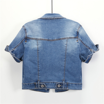 Γυναικεία denim-βαμβακερή κοντή ζακέτα-καρντιγκαν, λεπτή γραμμή, με γιακά λάπελ, μονόμπορτο κλείσιμο