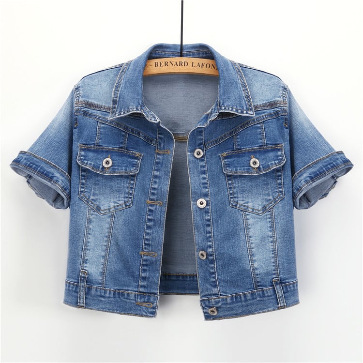 Γυναικεία denim-βαμβακερή κοντή ζακέτα-καρντιγκαν, λεπτή γραμμή, με γιακά λάπελ, μονόμπορτο κλείσιμο