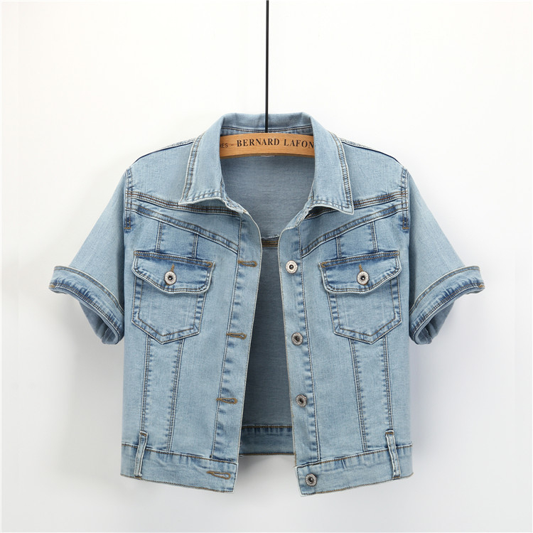 Γυναικεία denim-βαμβακερή κοντή ζακέτα-καρντιγκαν, λεπτή γραμμή, με γιακά λάπελ, μονόμπορτο κλείσιμο
