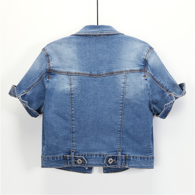 Γυναικεία denim-βαμβακερή κοντή ζακέτα-καρντιγκαν, λεπτή γραμμή, με γιακά λάπελ, μονόμπορτο κλείσιμο