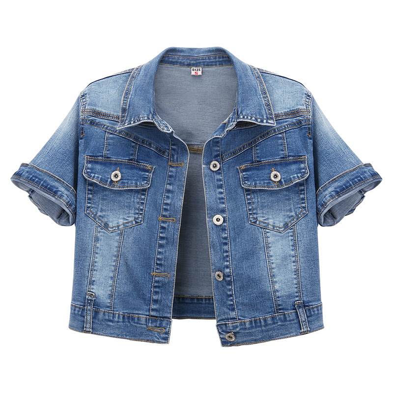 Γυναικεία denim-βαμβακερή κοντή ζακέτα-καρντιγκαν, λεπτή γραμμή, με γιακά λάπελ, μονόμπορτο κλείσιμο