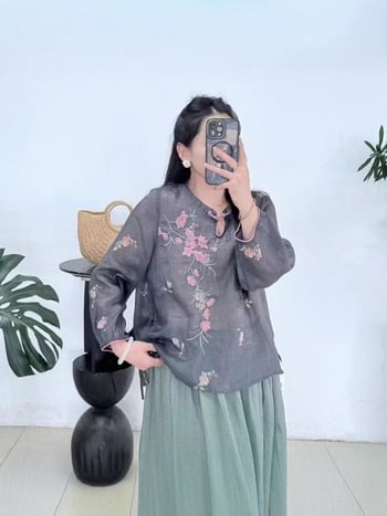 Hanfu čaj haljina od ramije s teškom izvezenom ukrasom, V-izrez s kosim reverom, 3/4 rukavi, 95% ramije, ljeto 2025