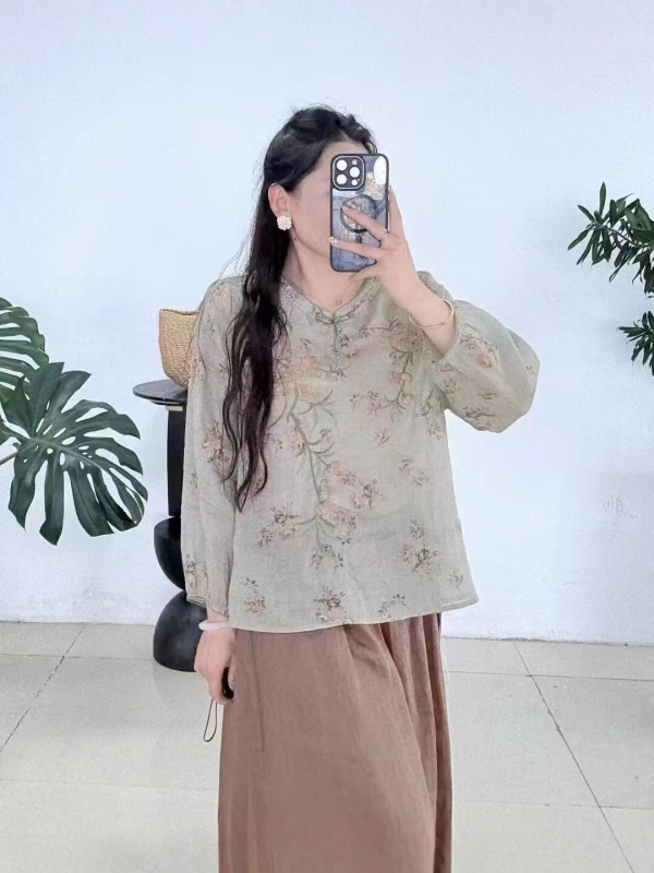 Hanfu čaj haljina od ramije s teškom izvezenom ukrasom, V-izrez s kosim reverom, 3/4 rukavi, 95% ramije, ljeto 2025