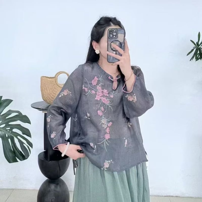 Hanfu čaj haljina od ramije s teškom izvezenom ukrasom, V-izrez s kosim reverom, 3/4 rukavi, 95% ramije, ljeto 2025