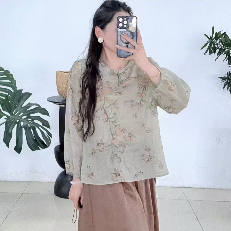 Hanfu čaj haljina od ramije s teškom izvezenom ukrasom, V-izrez s kosim reverom, 3/4 rukavi, 95% ramije, ljeto 2025