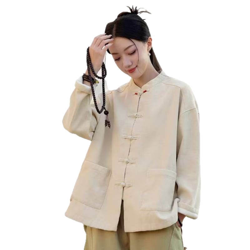 Zimska jakna od pamuka i lana s fleece podstavom, retro kineski stil, 50–70% pamuka, ispod 30% lana
