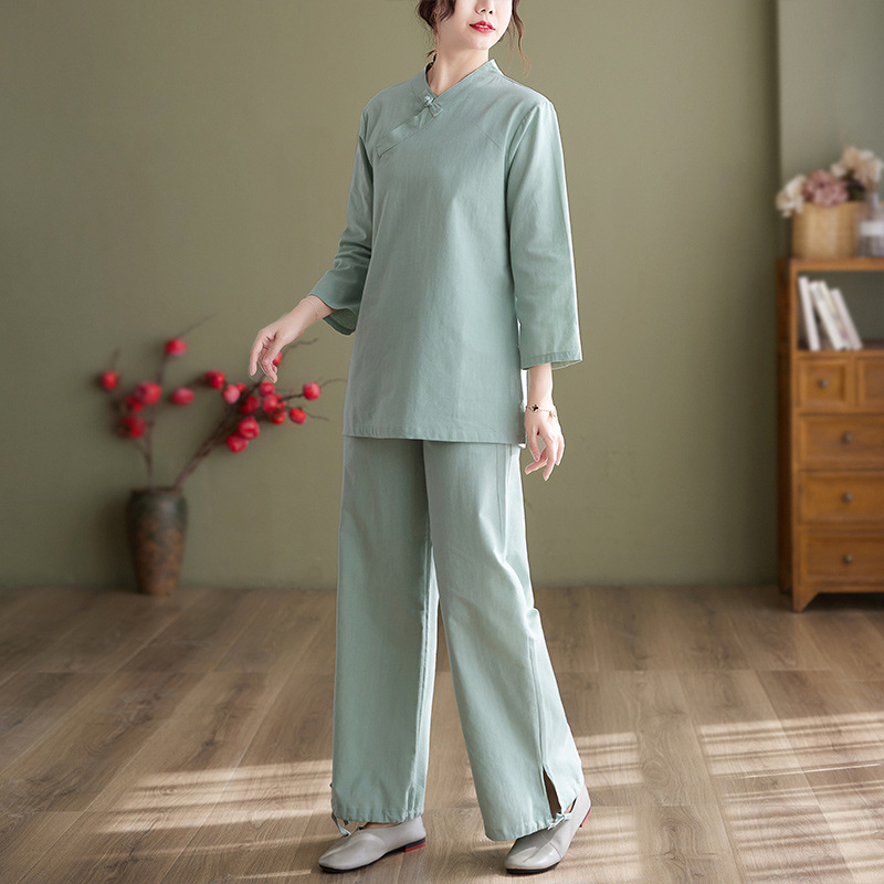 Ženski Zen dvodijelni kostim u kineskom stilu – pamuk-konoplja-polyester tkanina, visoka temperatura oblikovanja, jesen 2025
