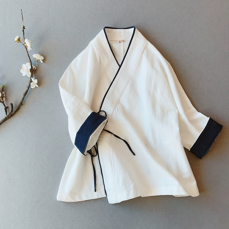 Hanfu nadahnut gornji kardigan od pamuka i lana, s kopčanjem sprijeda i dijagonalnim V-izrezom, Zen stil (materijal: pamuk i lan; glavna tkanina: lan; sadržaj glavnih komponenti: 50%)