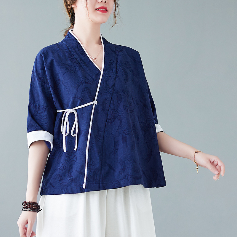 Hanfu nadahnut gornji kardigan od pamuka i lana, s kopčanjem sprijeda i dijagonalnim V-izrezom, Zen stil (materijal: pamuk i lan; glavna tkanina: lan; sadržaj glavnih komponenti: 50%)