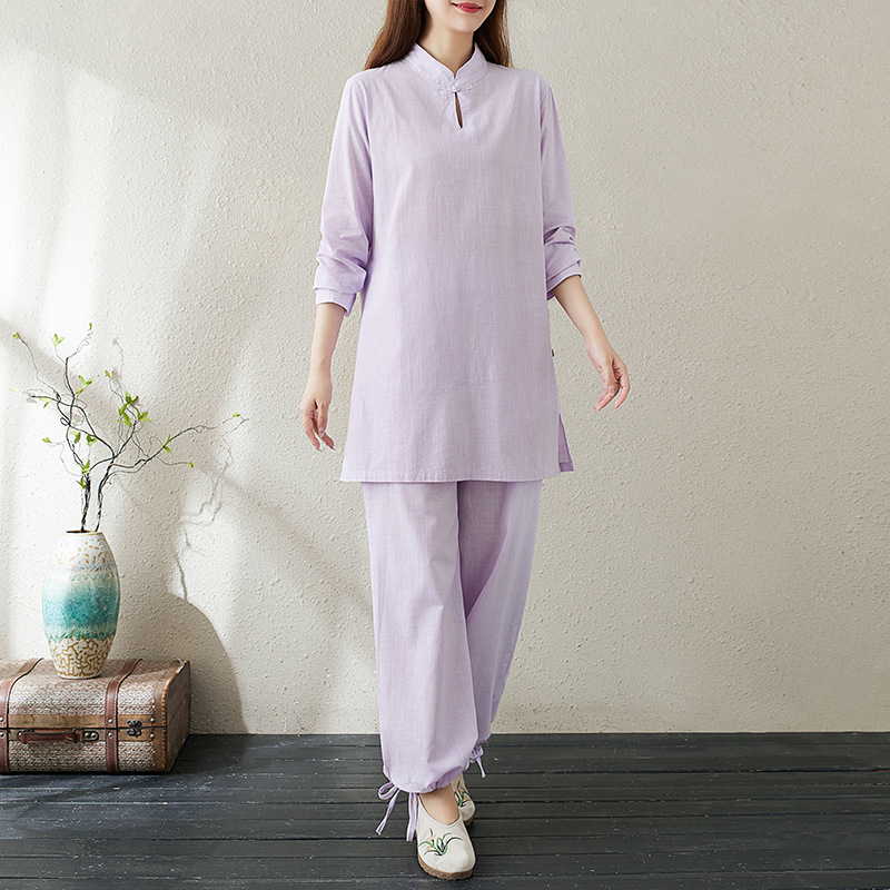 Ženski set za jogu od pamuka i konoplje (30-50% konoplje), retro etno Zen stil, srednje duljine, jesen 2024 izdanje