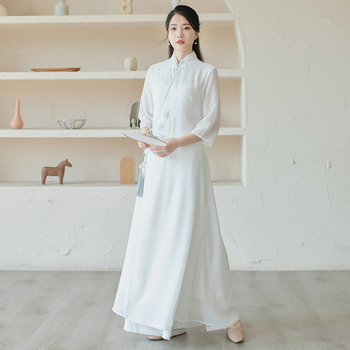 Hímzett chiffon-poliészter ruha, kínai ihletésű Zen teás stílusban, nyár 2023