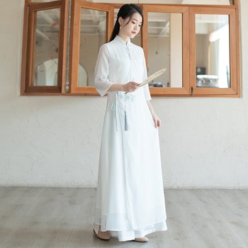 Hímzett chiffon-poliészter ruha, kínai ihletésű Zen teás stílusban, nyár 2023