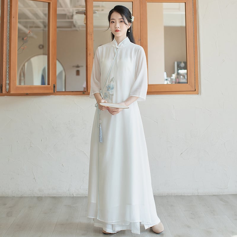 Hímzett chiffon-poliészter ruha, kínai ihletésű Zen teás stílusban, nyár 2023