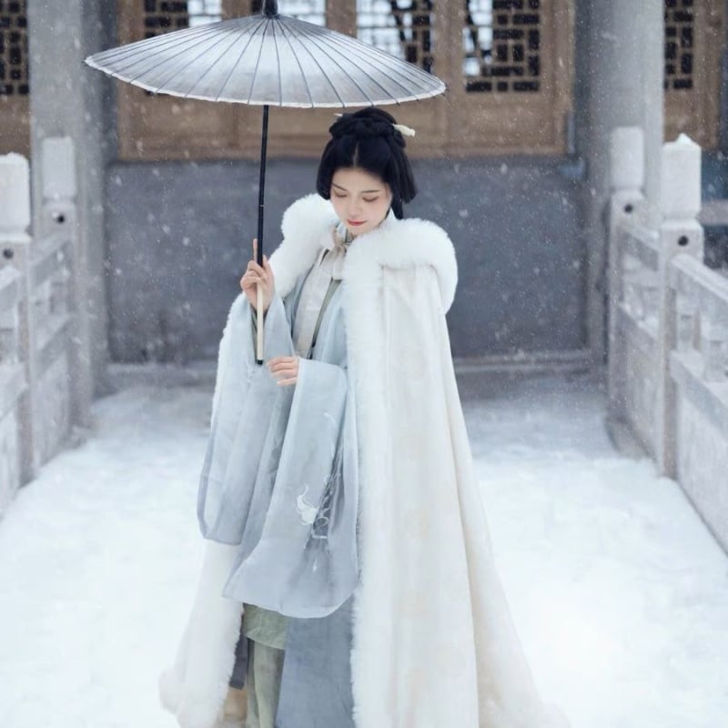 Chenille anyagú Hanfu köpeny szőrme gallérral, fleece béléssel, vastag téli köpeny, hagyományos stílus
