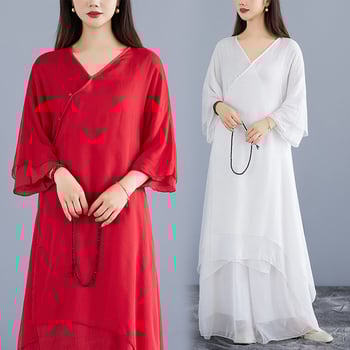 Két darabos Zen ruhaszett, pamut-lin keverék, mandarin gallér, hosszú fodros ujjú, magas derék, hosszú A-vonalú ruha, 2025 tavasza