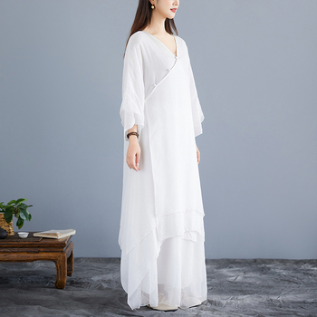 Két darabos Zen ruhaszett, pamut-lin keverék, mandarin gallér, hosszú fodros ujjú, magas derék, hosszú A-vonalú ruha, 2025 tavasza