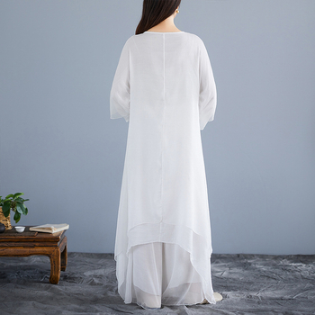 Két darabos Zen ruhaszett, pamut-lin keverék, mandarin gallér, hosszú fodros ujjú, magas derék, hosszú A-vonalú ruha, 2025 tavasza