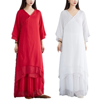 Két darabos Zen ruhaszett, pamut-lin keverék, mandarin gallér, hosszú fodros ujjú, magas derék, hosszú A-vonalú ruha, 2025 tavasza