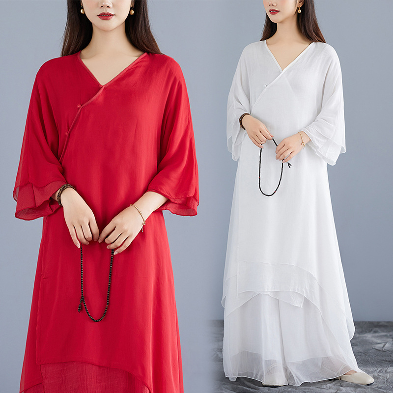 Két darabos Zen ruhaszett, pamut-lin keverék, mandarin gallér, hosszú fodros ujjú, magas derék, hosszú A-vonalú ruha, 2025 tavasza