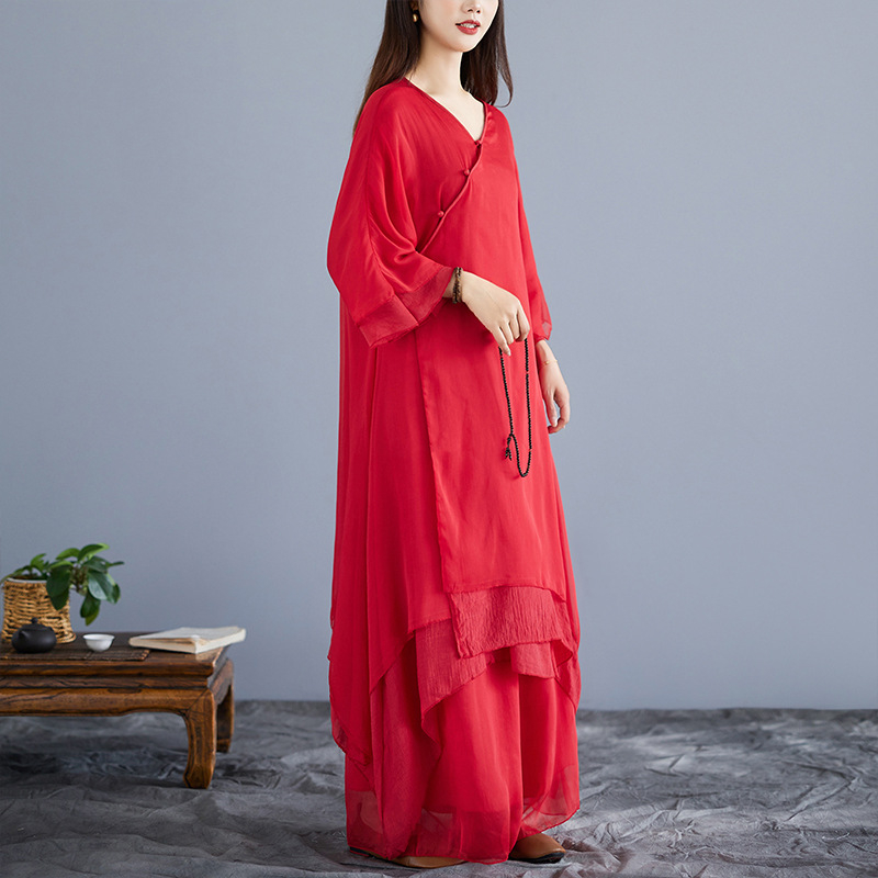 Két darabos Zen ruhaszett, pamut-lin keverék, mandarin gallér, hosszú fodros ujjú, magas derék, hosszú A-vonalú ruha, 2025 tavasza