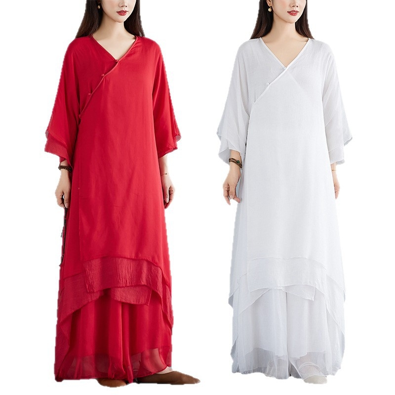 Két darabos Zen ruhaszett, pamut-lin keverék, mandarin gallér, hosszú fodros ujjú, magas derék, hosszú A-vonalú ruha, 2025 tavasza