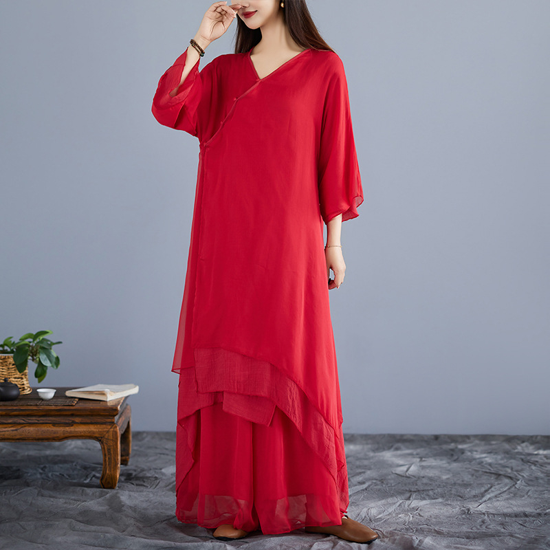 Két darabos Zen ruhaszett, pamut-lin keverék, mandarin gallér, hosszú fodros ujjú, magas derék, hosszú A-vonalú ruha, 2025 tavasza