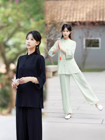 Két részes Tai Chi és Jóga szett, kendervászon anyag 70–80%, kollázs varrással, 2024 nyár, néptáncra alkalmas