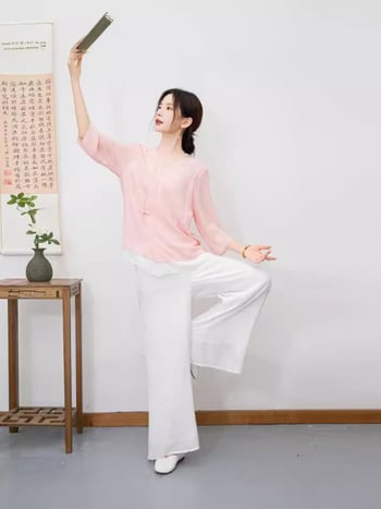 Két darabos Taiji meditációs és jóga öltözet, etnikus Zen stílus Patchworkvarrással, poliészter, fő anyag 80-90% poliészter, 2024 nyári kollekció