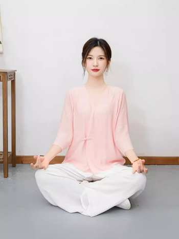 Két darabos Taiji meditációs és jóga öltözet, etnikus Zen stílus Patchworkvarrással, poliészter, fő anyag 80-90% poliészter, 2024 nyári kollekció